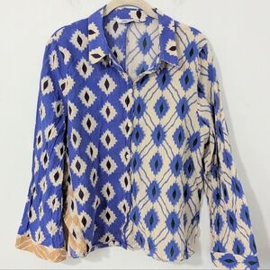 Zara Ikat Print Button Front Shirt Collared Mixed Print Western Blue White XL